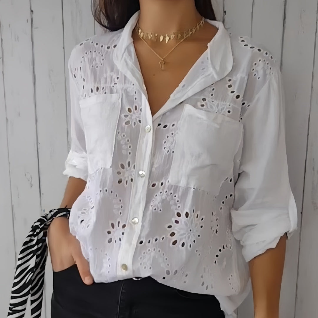 Women's Casual Hollow-out Design Pocket Long Sleeve Button-down Shirt - Grace Beauty H&C 