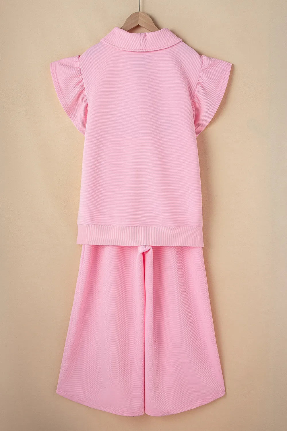 Textured Ruffled Sleeve Zipped Top and Wide Leg Pants Set - Grace Beauty H&C 