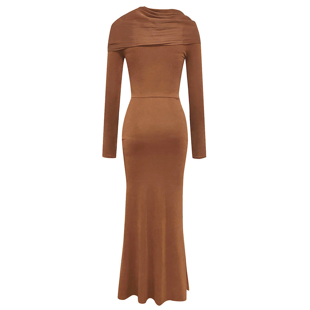 Round Neck Long Sleeve Slim-fit Pleated Ribbon Party Dinner Dress - Grace Beauty H&C 