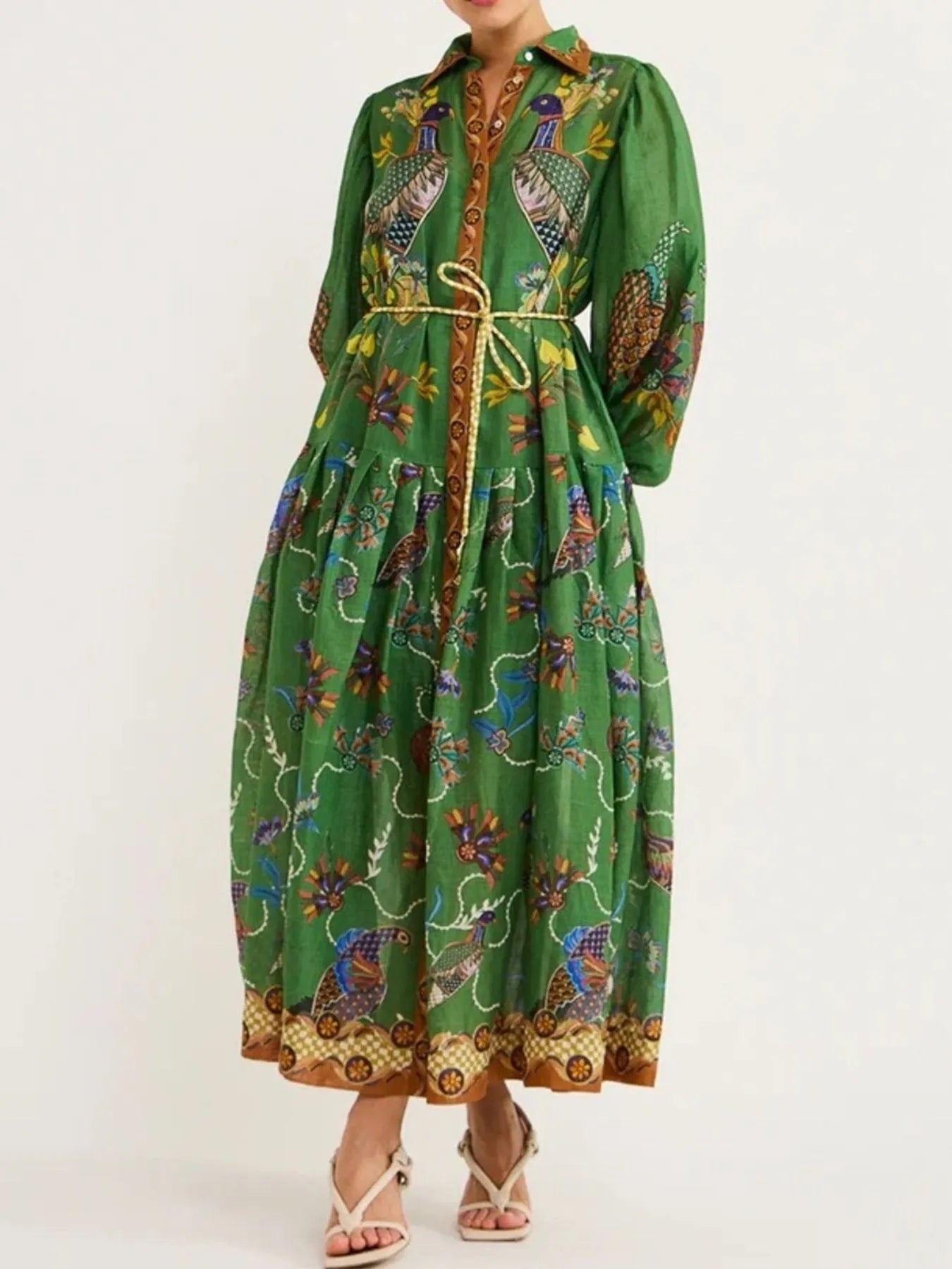 Printed Lantern Sleeve Maxi Shirt Dress - Grace Beauty H&C 