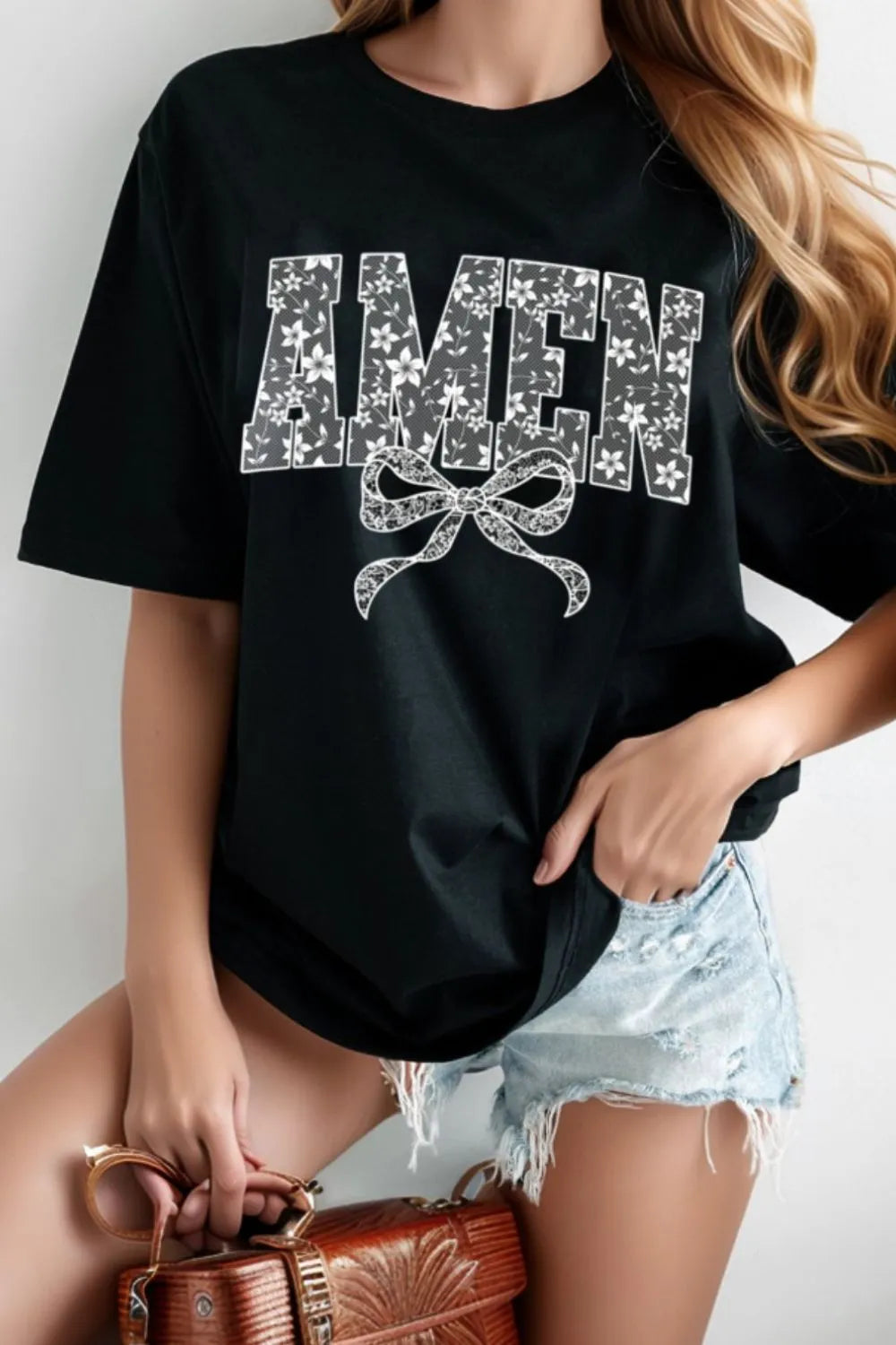 AMEN Bow Round Neck Short Sleeve T Shirt - Grace Beauty H&C 