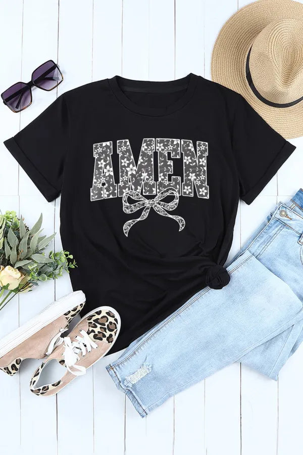 AMEN Bow Round Neck Short Sleeve T Shirt - Grace Beauty H&C 