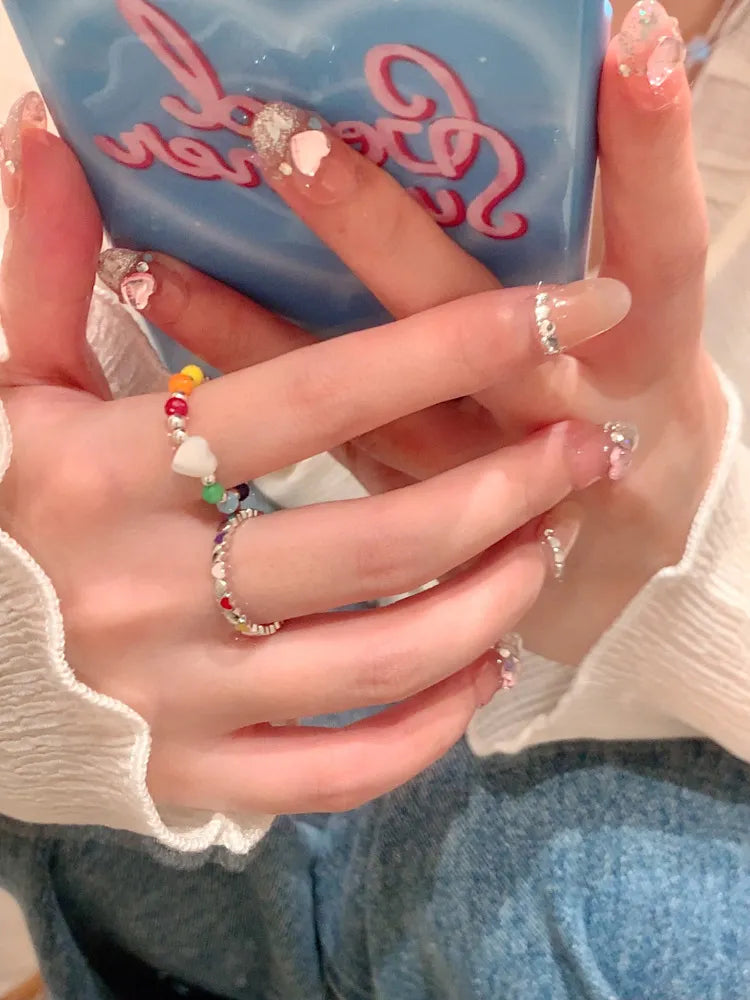 Acrylic Beaded Heart Ring – Cute Adjustable Fashion Jewelry - Grace Beauty H&C 