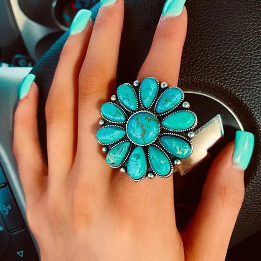 Artificial Turquoise Flower Ring – Vintage Alloy Statement Jewelry - Grace Beauty H&C 