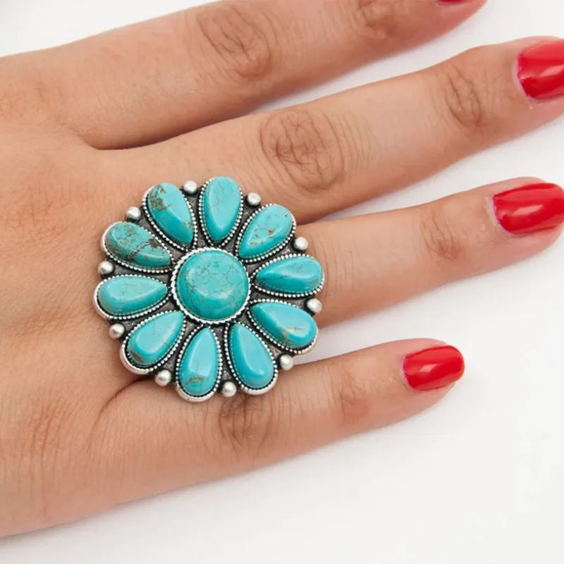 Artificial Turquoise Flower Ring – Vintage Alloy Statement Jewelry - Grace Beauty H&C 