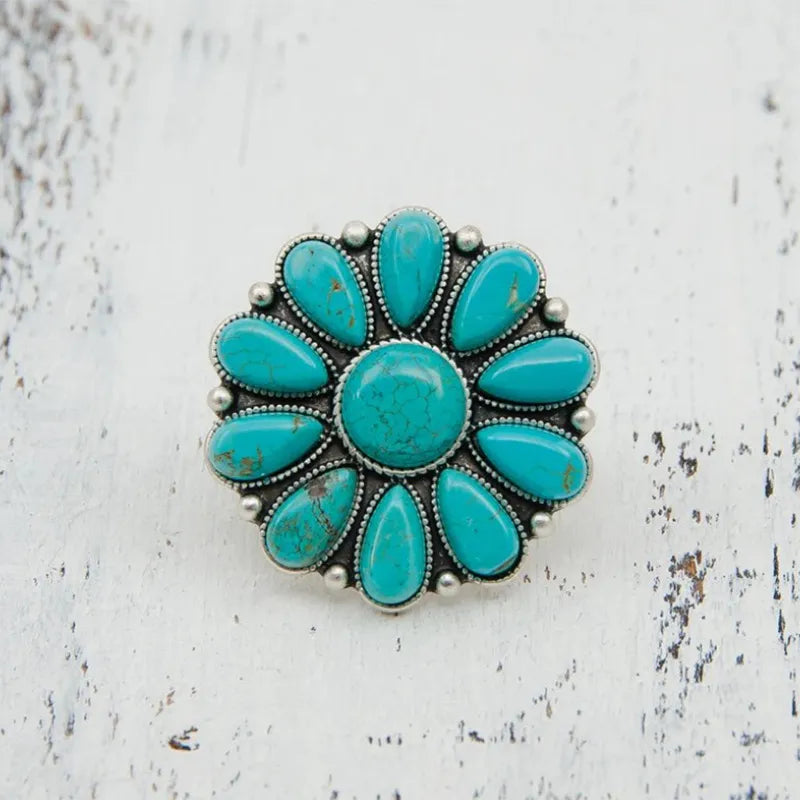 Artificial Turquoise Flower Ring – Vintage Alloy Statement Jewelry - Grace Beauty H&C 