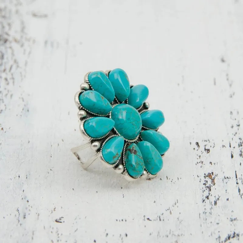 Artificial Turquoise Flower Ring – Vintage Alloy Statement Jewelry - Grace Beauty H&C 