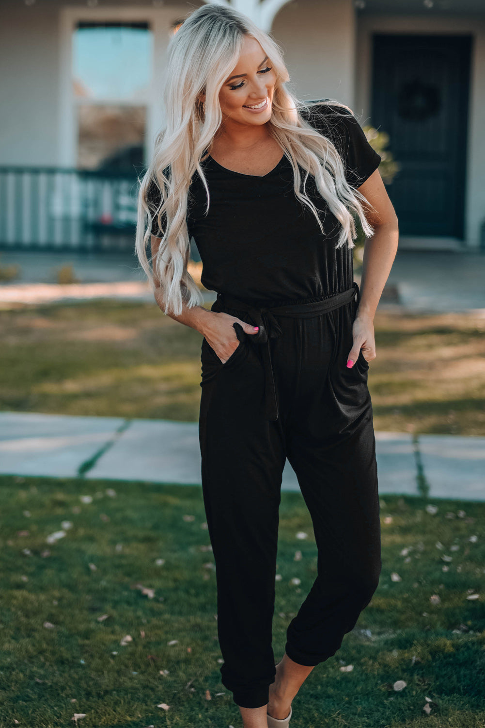 Belted V-Neck Jogger Jumpsuit - Grace Beauty H&C 