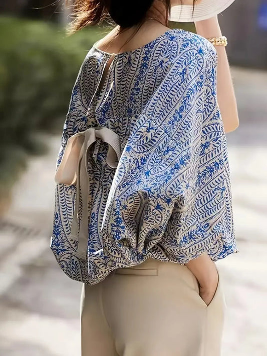 Bohemian Print Round Neck Loose Batwing Sleeve Blouse - Grace Beauty H&C 