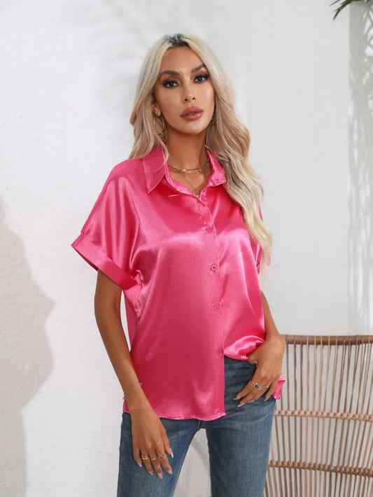 Button Down Collared Neck Short Sleeve Satin Shirt - Grace Beauty H&C 