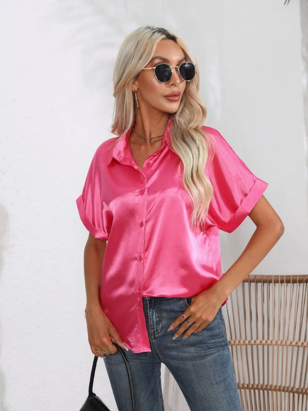 Button Down Collared Neck Short Sleeve Satin Shirt - Grace Beauty H&C 