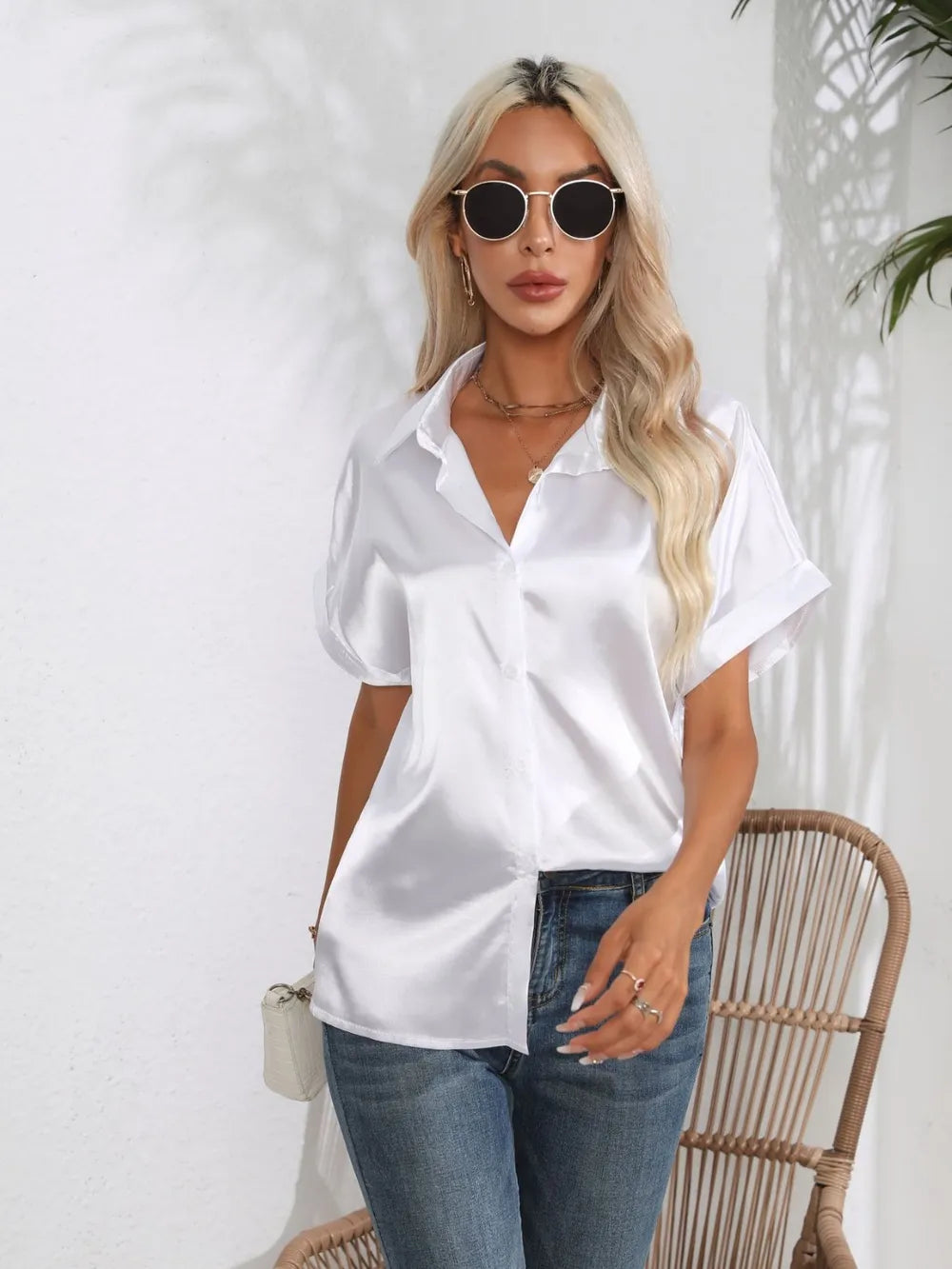 Button Down Collared Neck Short Sleeve Satin Shirt - Grace Beauty H&C 