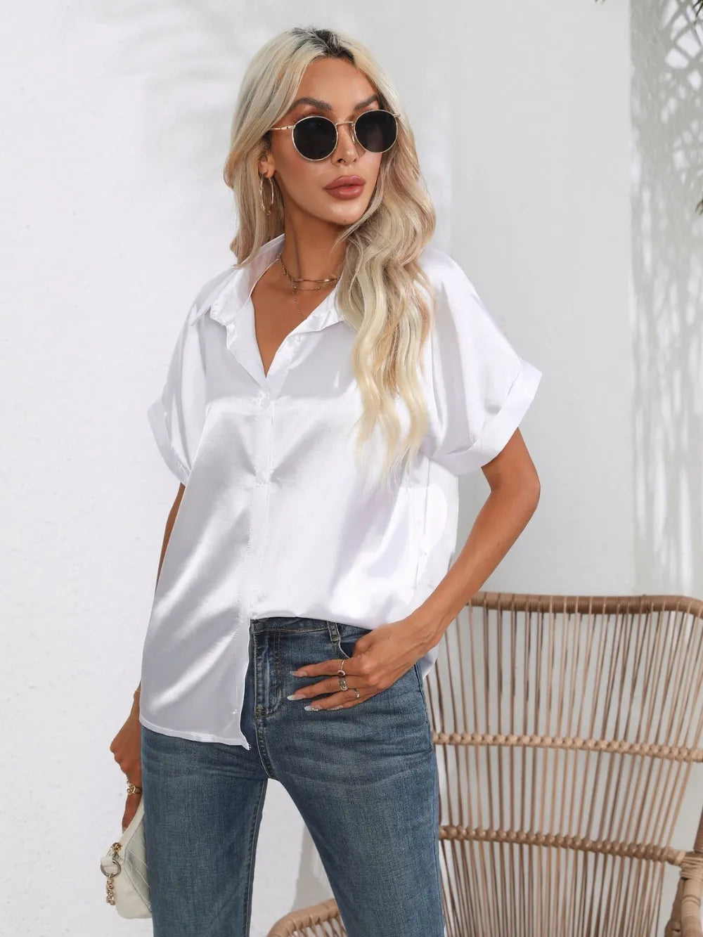 Button Down Collared Neck Short Sleeve Satin Shirt - Grace Beauty H&C 