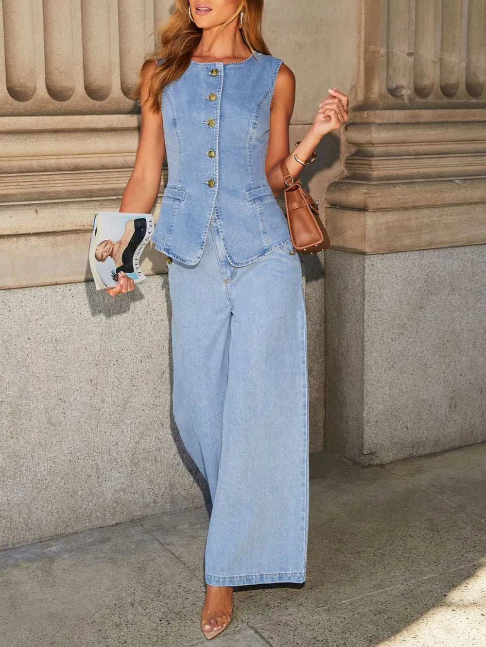 Button Down Vest and Wide Leg Jeans Denim Set - Grace Beauty H&C 