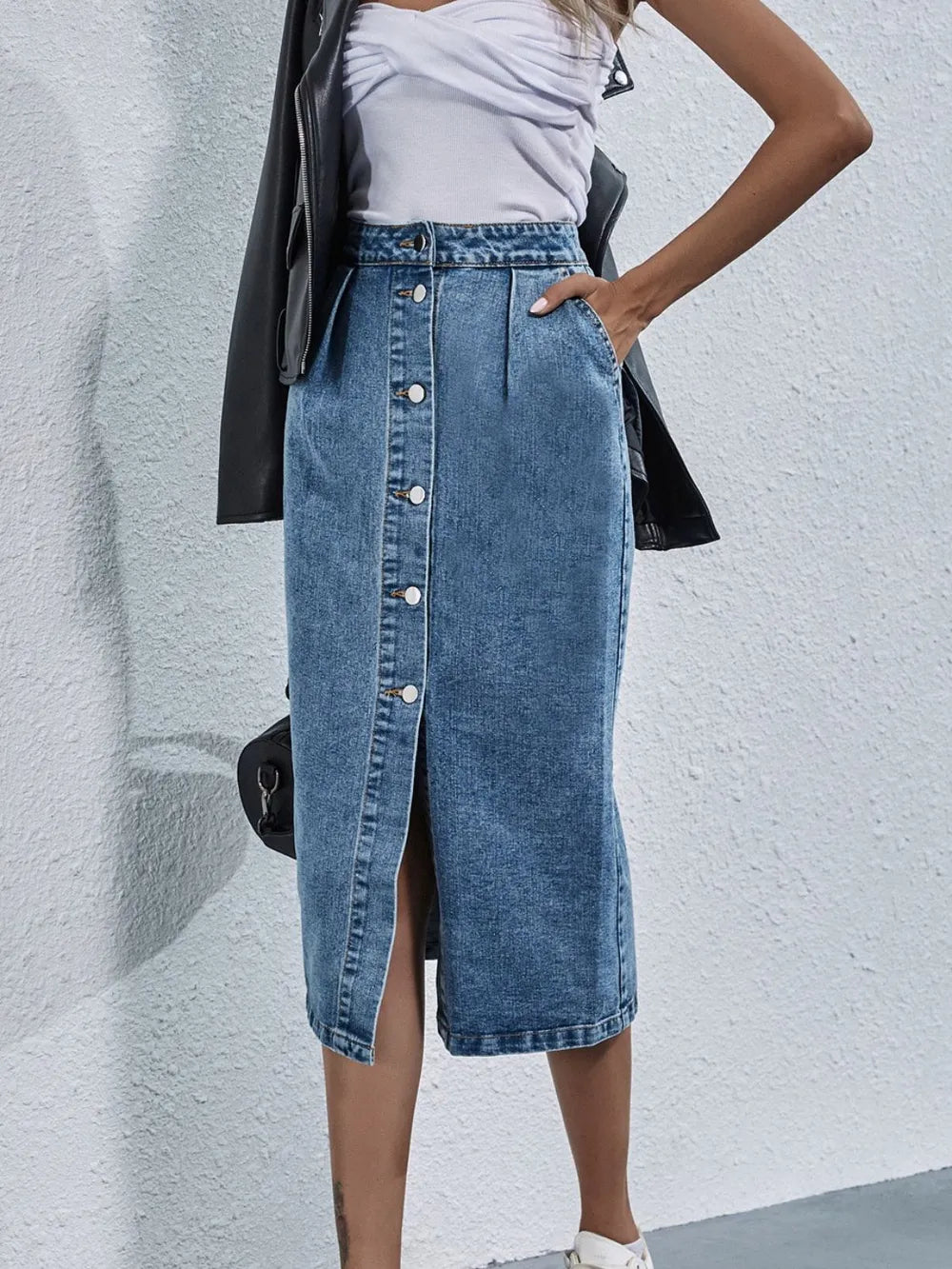 Buttoned Denim Skirt with Pockets – Classic A-Line Jean Skirt - Grace Beauty H&C 