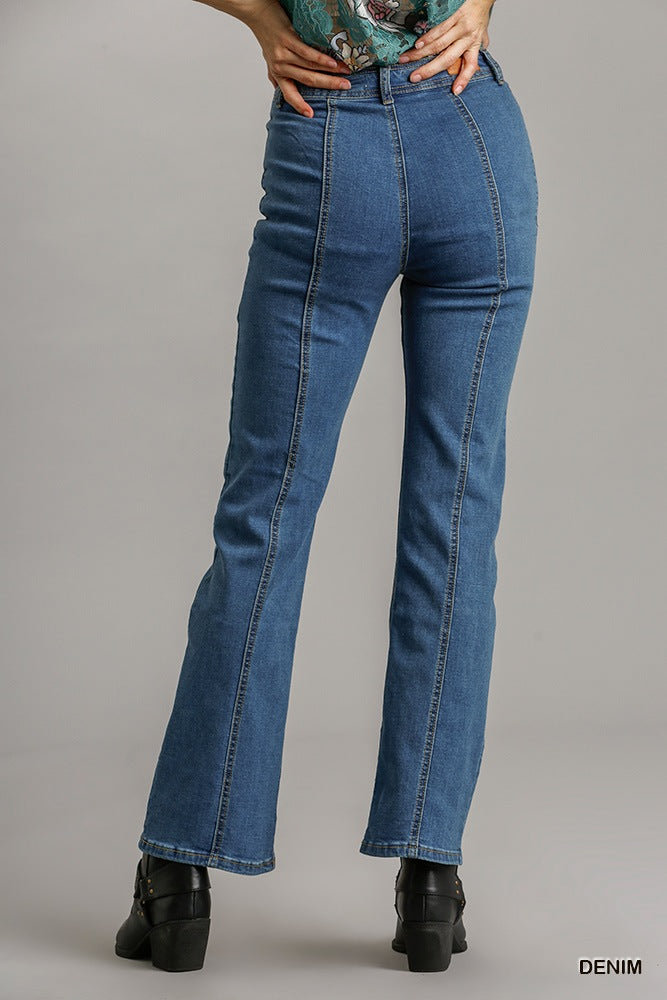 Panel Straight Cut Denim Jeans With Pockets - Grace Beauty H&C 