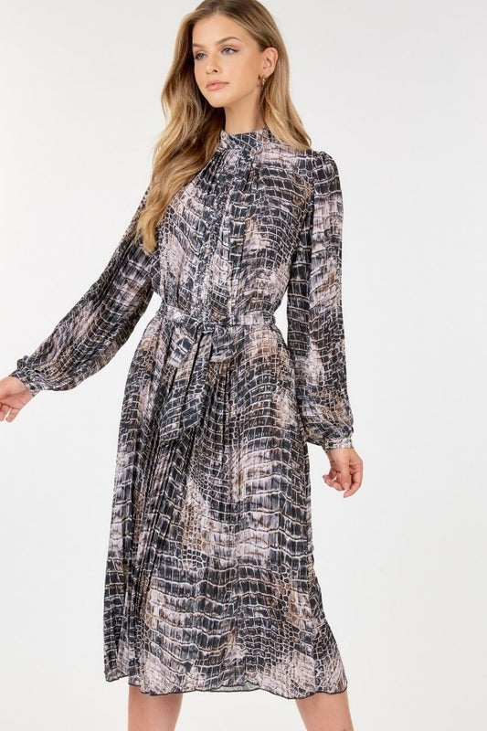Long Sleeve Pleated Snake Skin Print Midi Dress - Grace Beauty H&C 