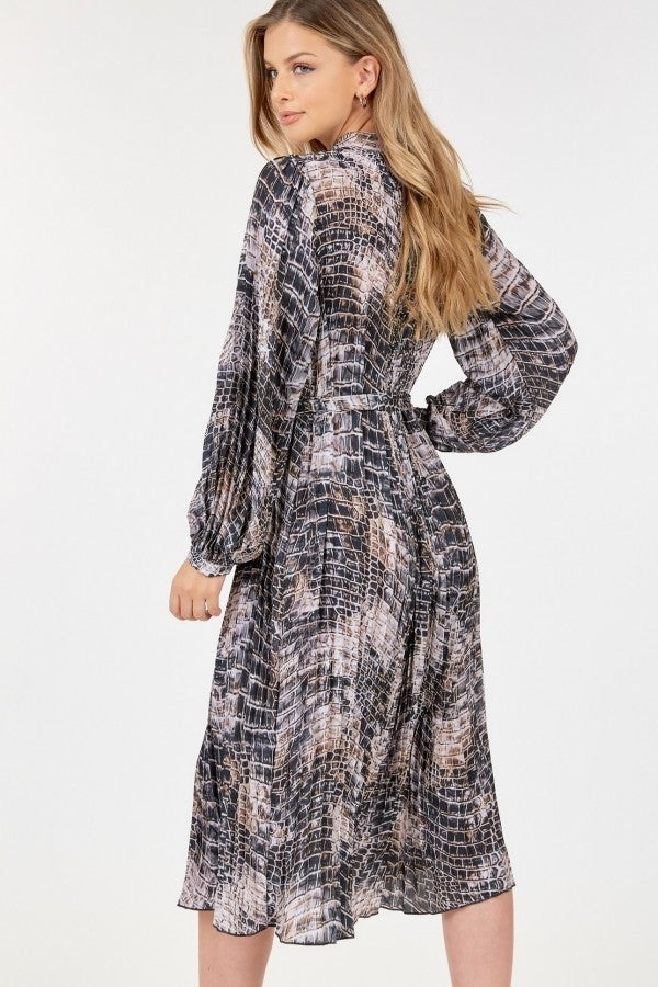 Long Sleeve Pleated Snake Skin Print Midi Dress - Grace Beauty H&C 