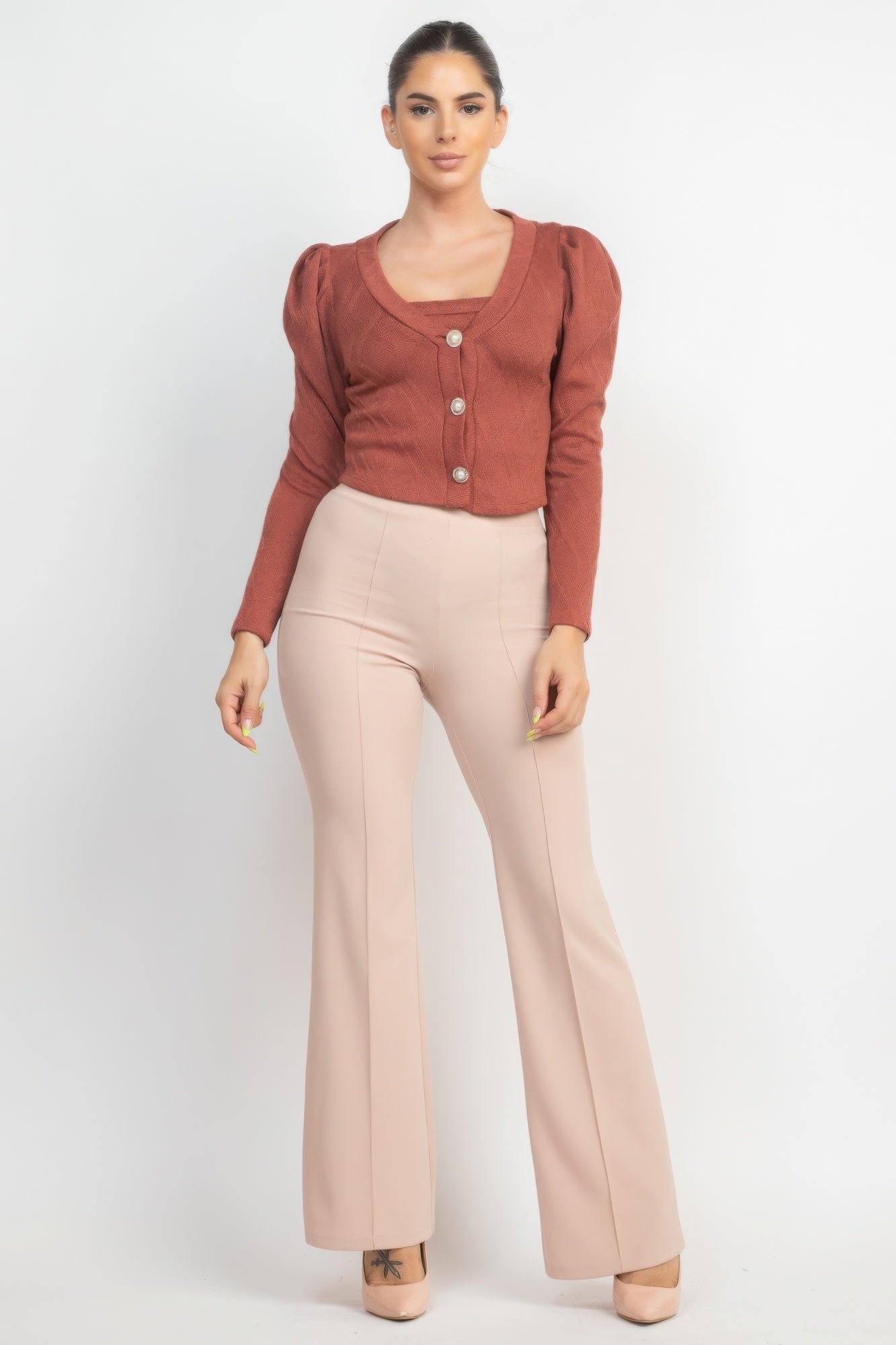 Geometric Cami Puff Sleeves Blazer Top Set - Grace Beauty H&C 