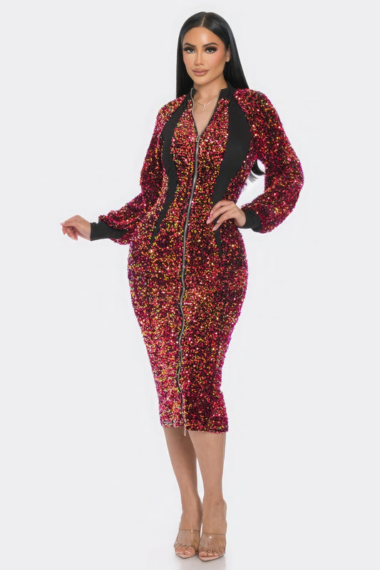 Midi 2 Way Zip Up Sequin Contrast Dress - Grace Beauty H&C 