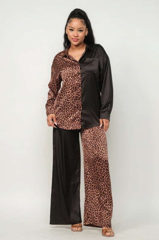 Half Animal Print And Half Solid Top And Pants Set - Grace Beauty H&C 