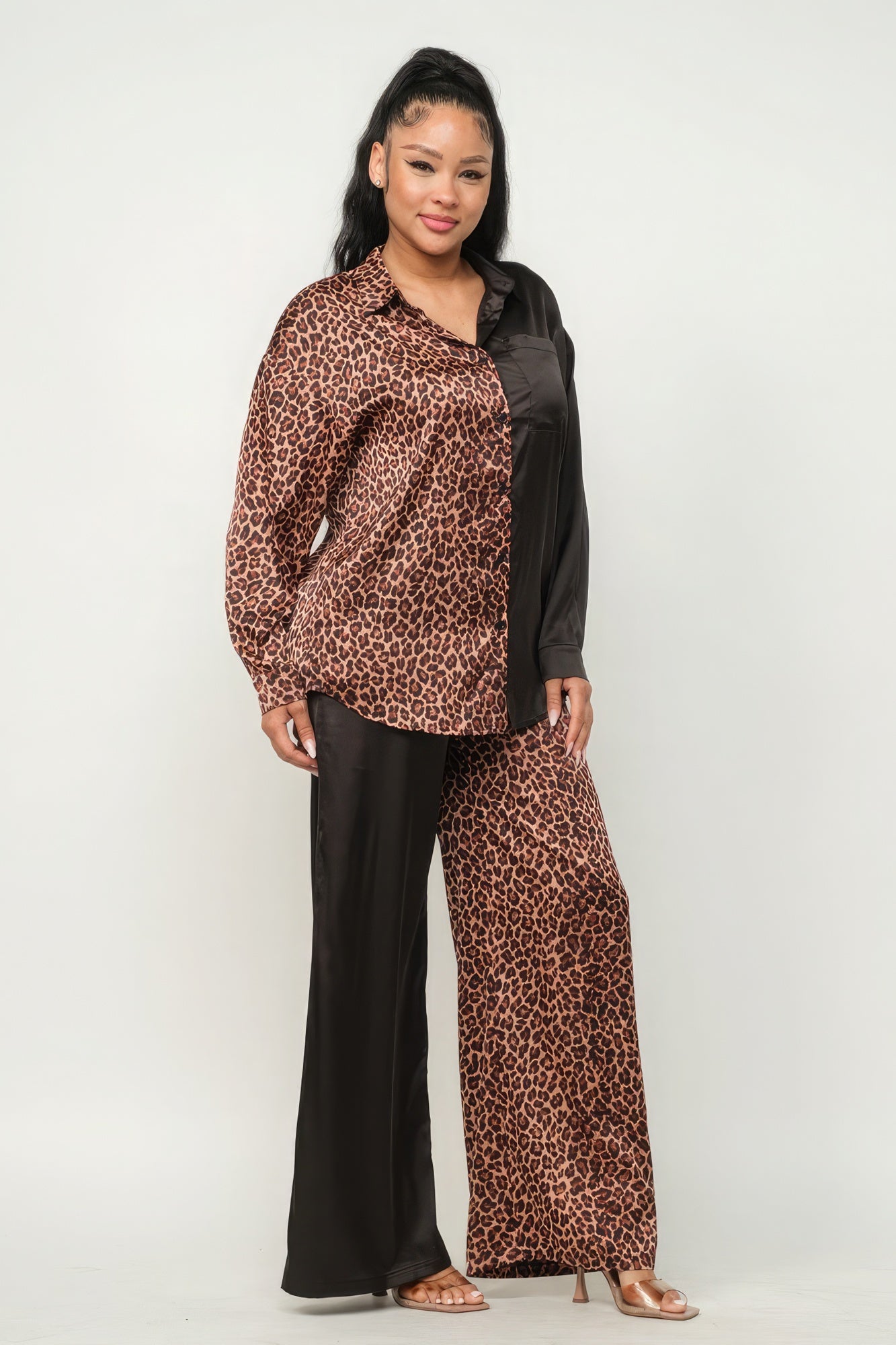 Half Animal Print And Half Solid Top And Pants Set - Grace Beauty H&C 