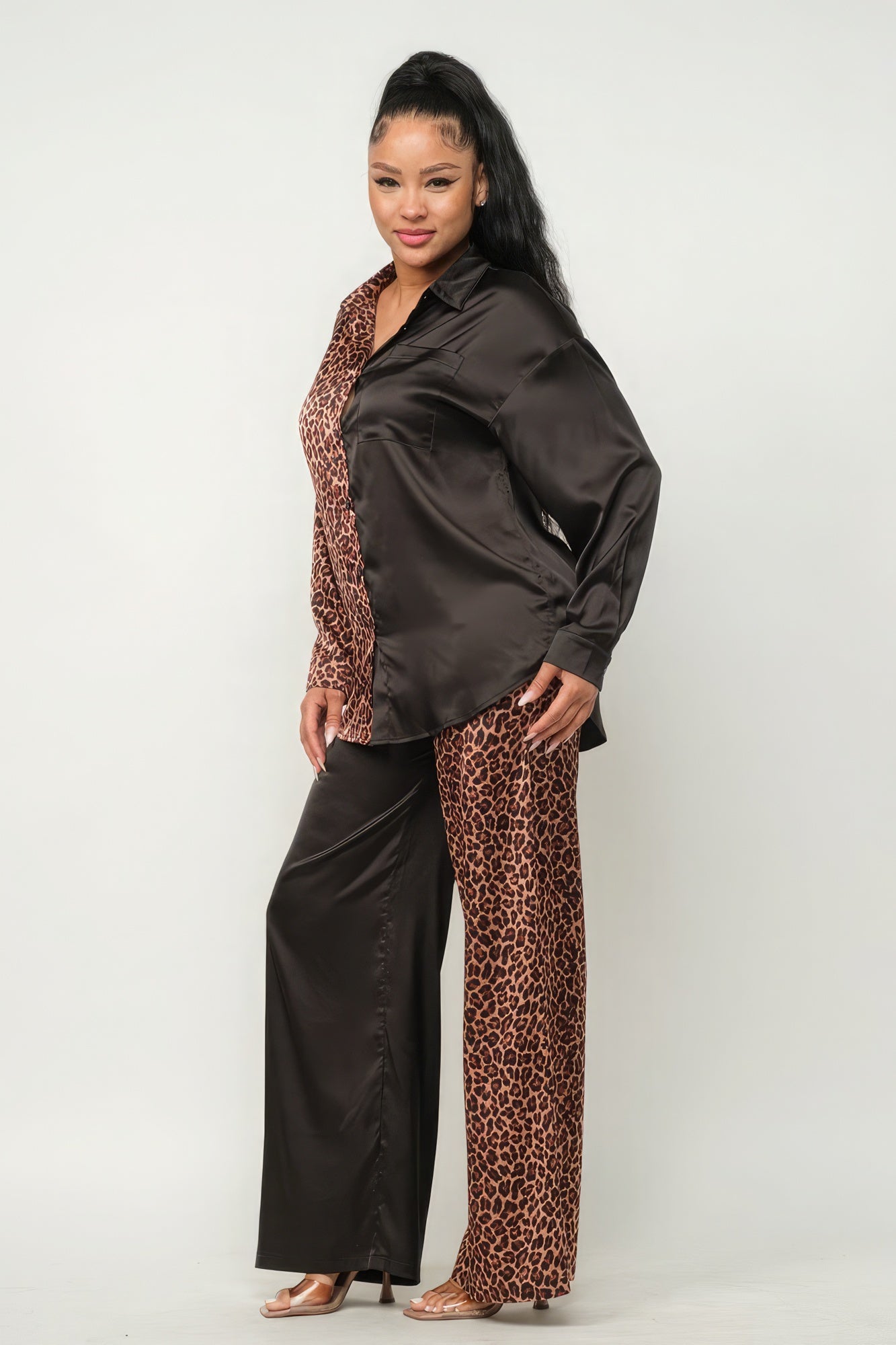 Half Animal Print And Half Solid Top And Pants Set - Grace Beauty H&C 