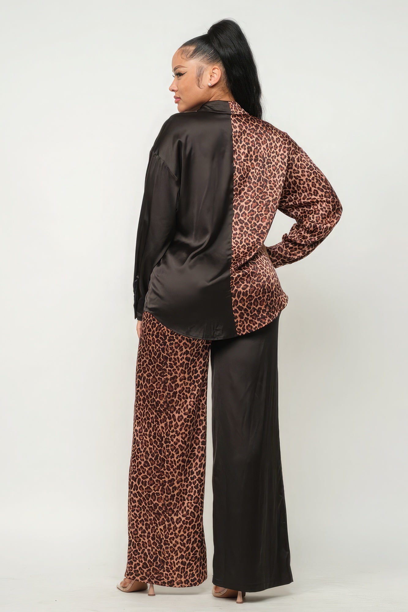 Half Animal Print And Half Solid Top And Pants Set - Grace Beauty H&C 