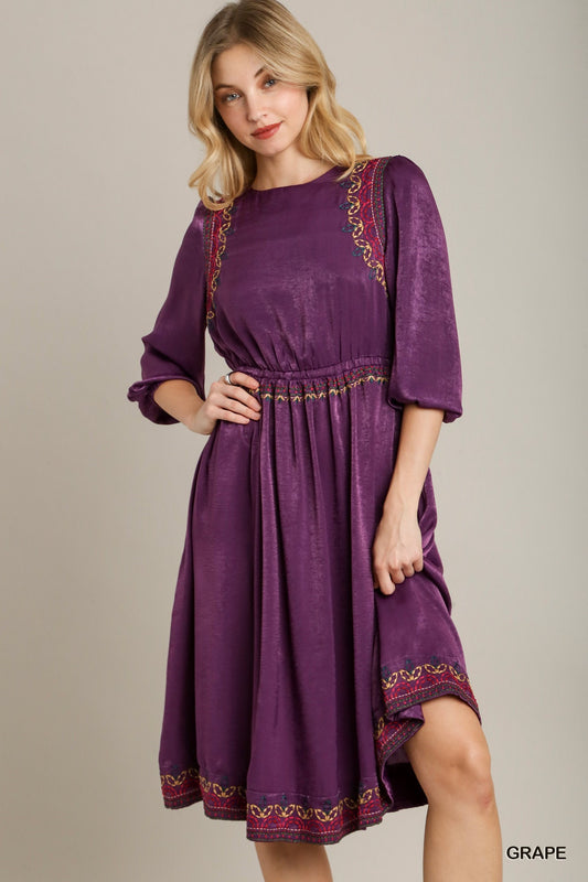 Satin Round Neck Embroidery Midi Dress - Grace Beauty H&C 