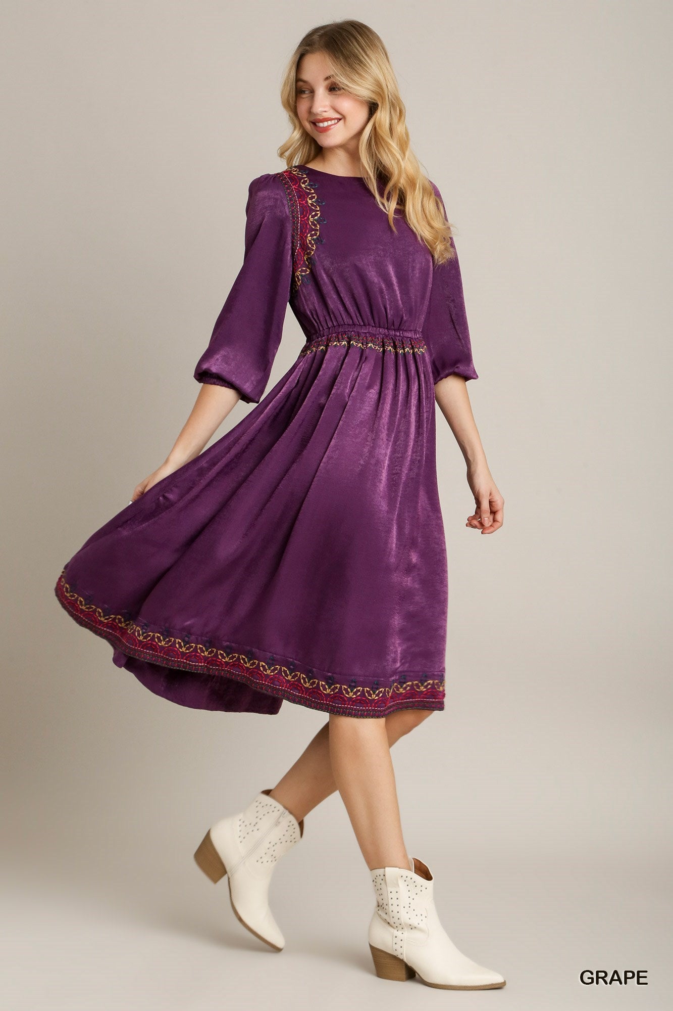 Satin Round Neck Embroidery Midi Dress - Grace Beauty H&C 