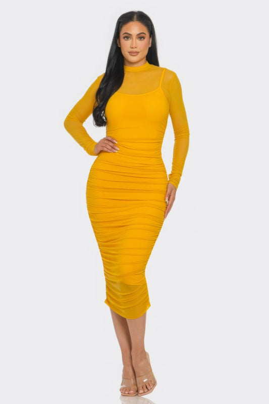 Solid Mesh Ruched Midi Dress - Grace Beauty H&C 