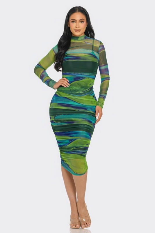 Glitch Print Mesh Ruched Midi Dress - Grace Beauty H&C 