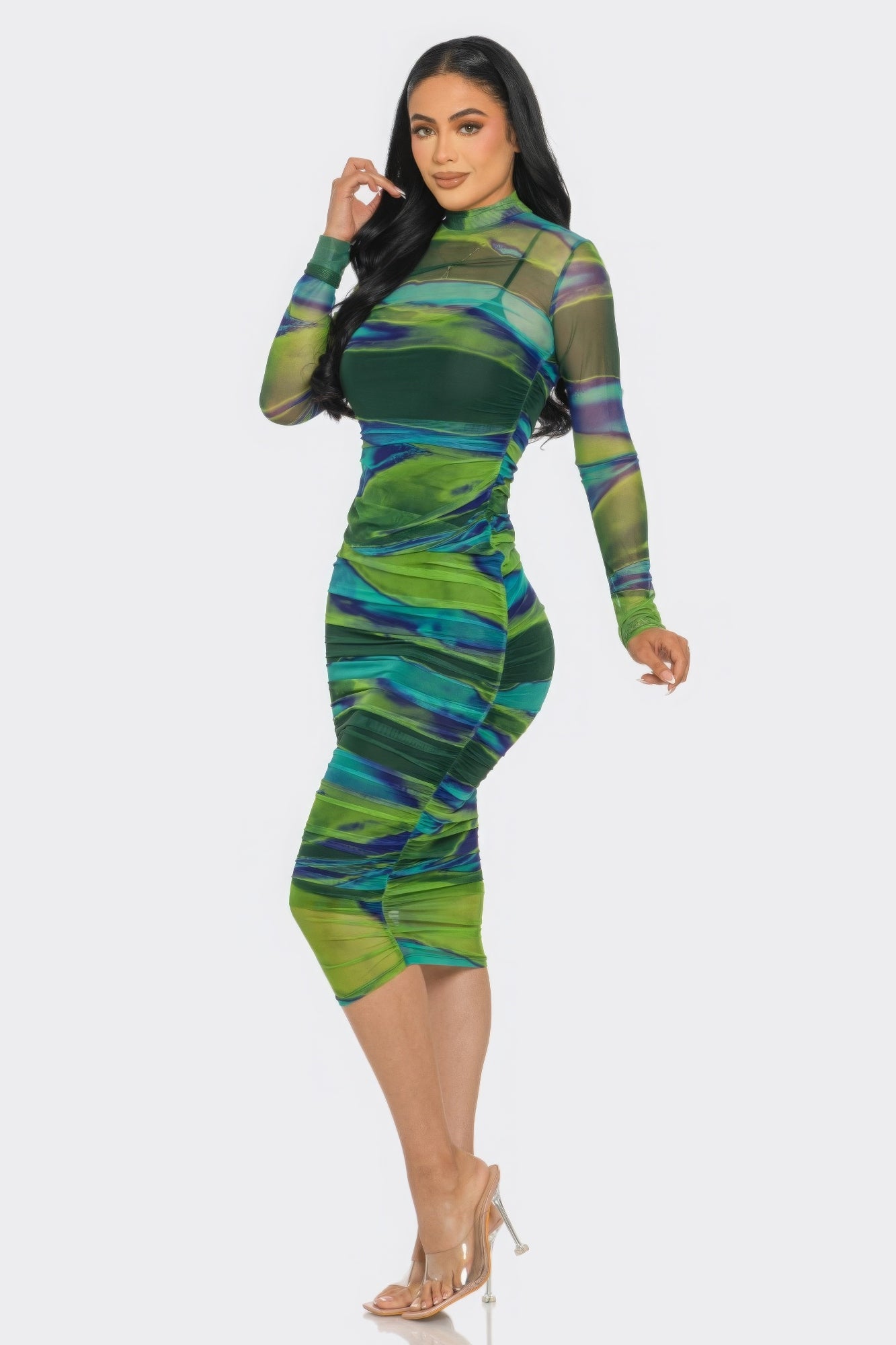 Glitch Print Mesh Ruched Midi Dress - Grace Beauty H&C 