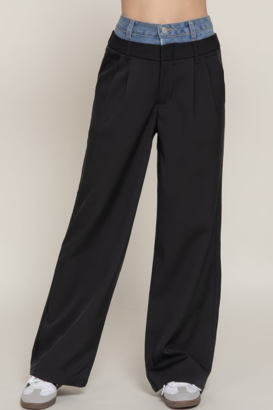Contrast Denim Waist Straight Long Pants - Grace Beauty H&C 