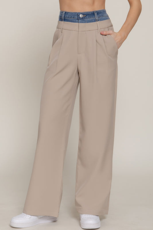Contrast Denim Waist Straight Long Pants - Grace Beauty H&C 