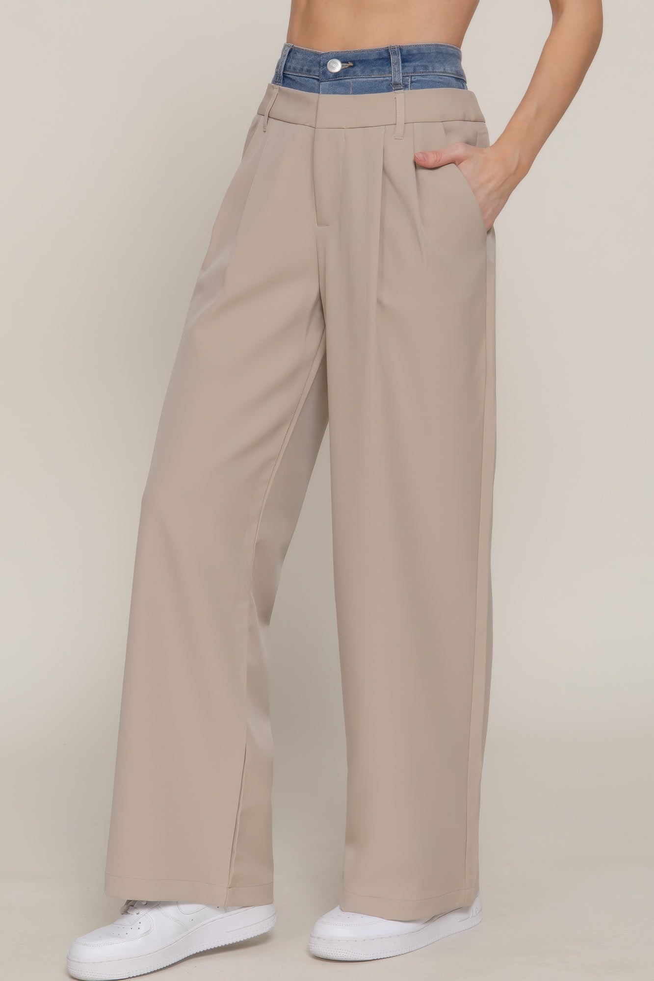 Contrast Denim Waist Straight Long Pants - Grace Beauty H&C 