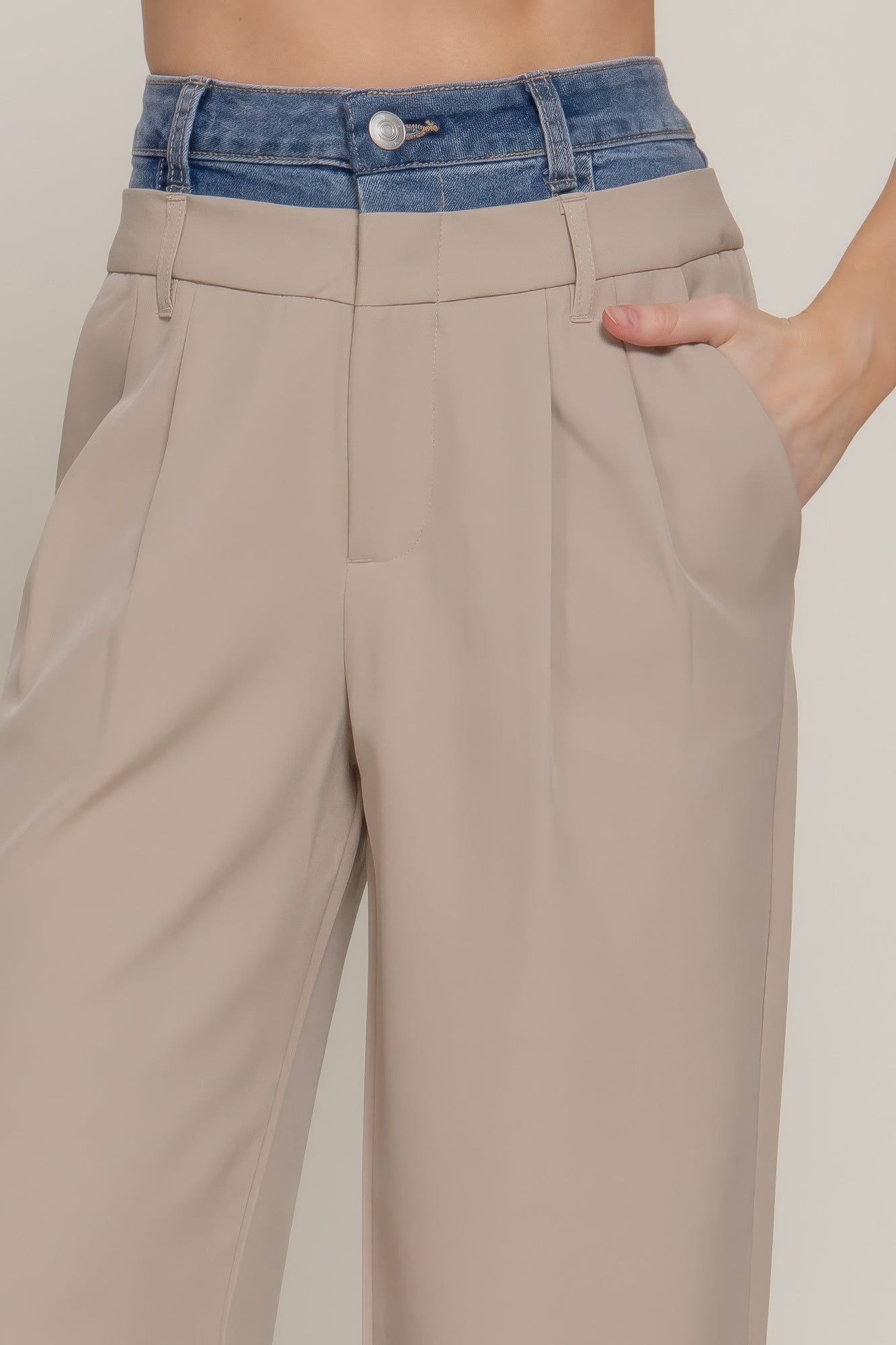 Contrast Denim Waist Straight Long Pants - Grace Beauty H&C 