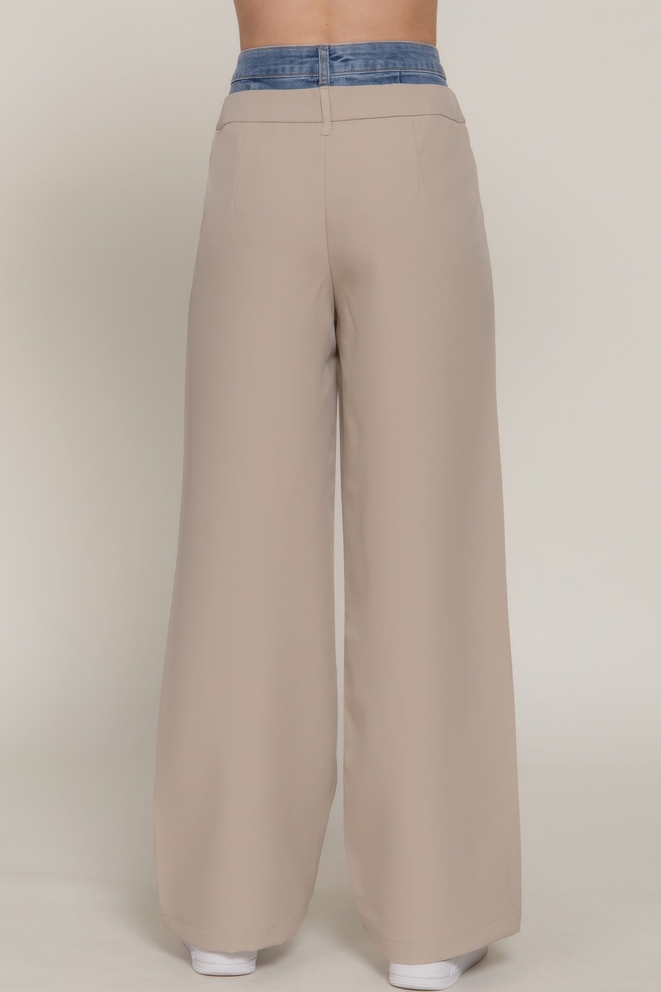 Contrast Denim Waist Straight Long Pants - Grace Beauty H&C 