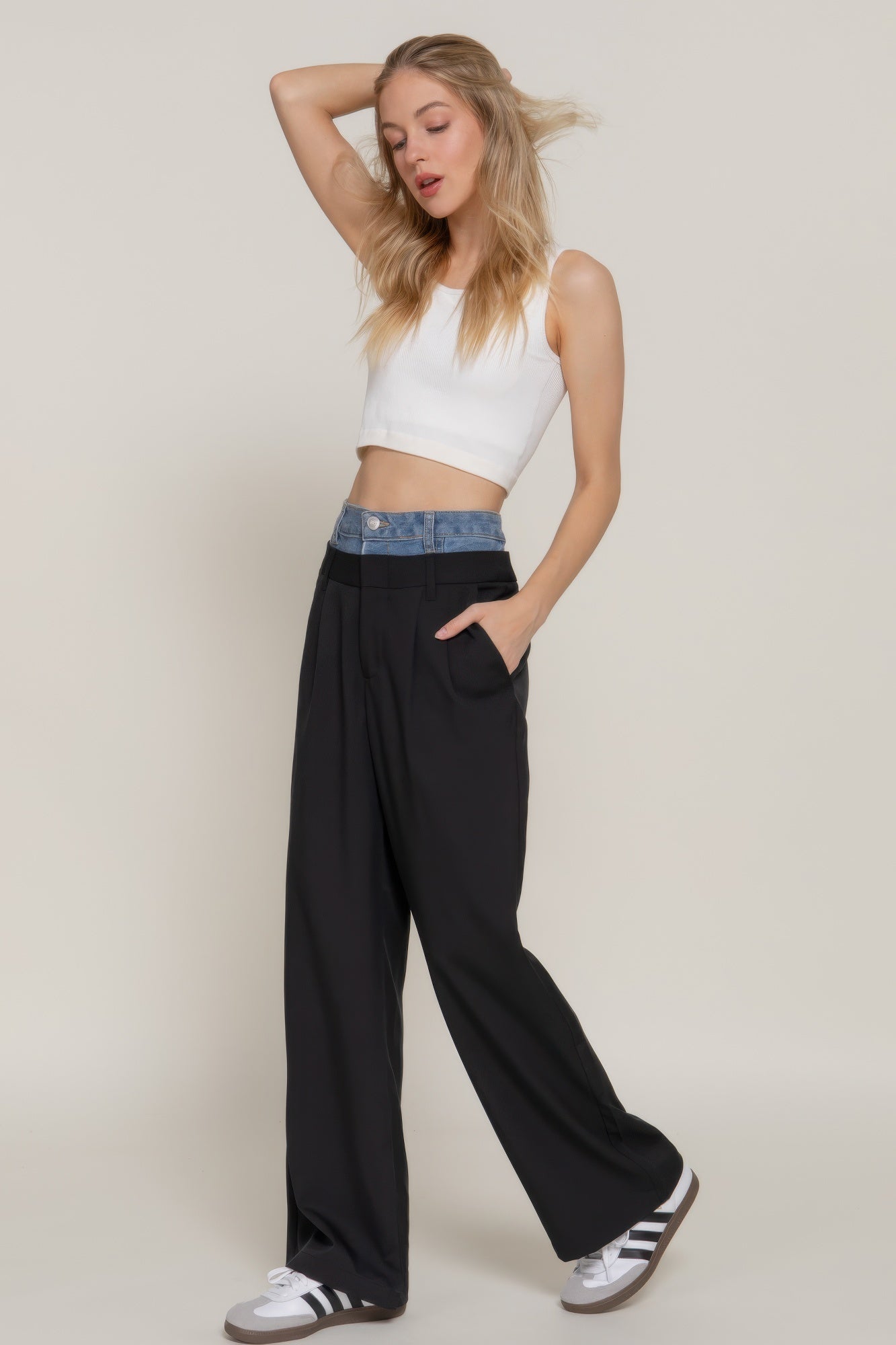 Contrast Denim Waist Straight Long Pants - Grace Beauty H&C 