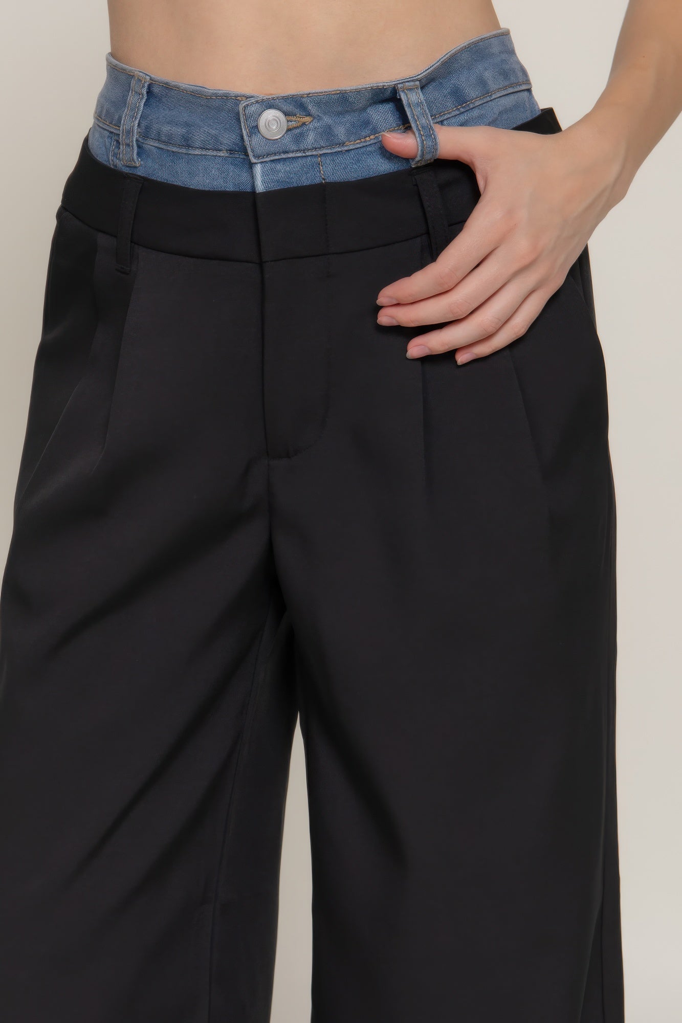 Contrast Denim Waist Straight Long Pants - Grace Beauty H&C 