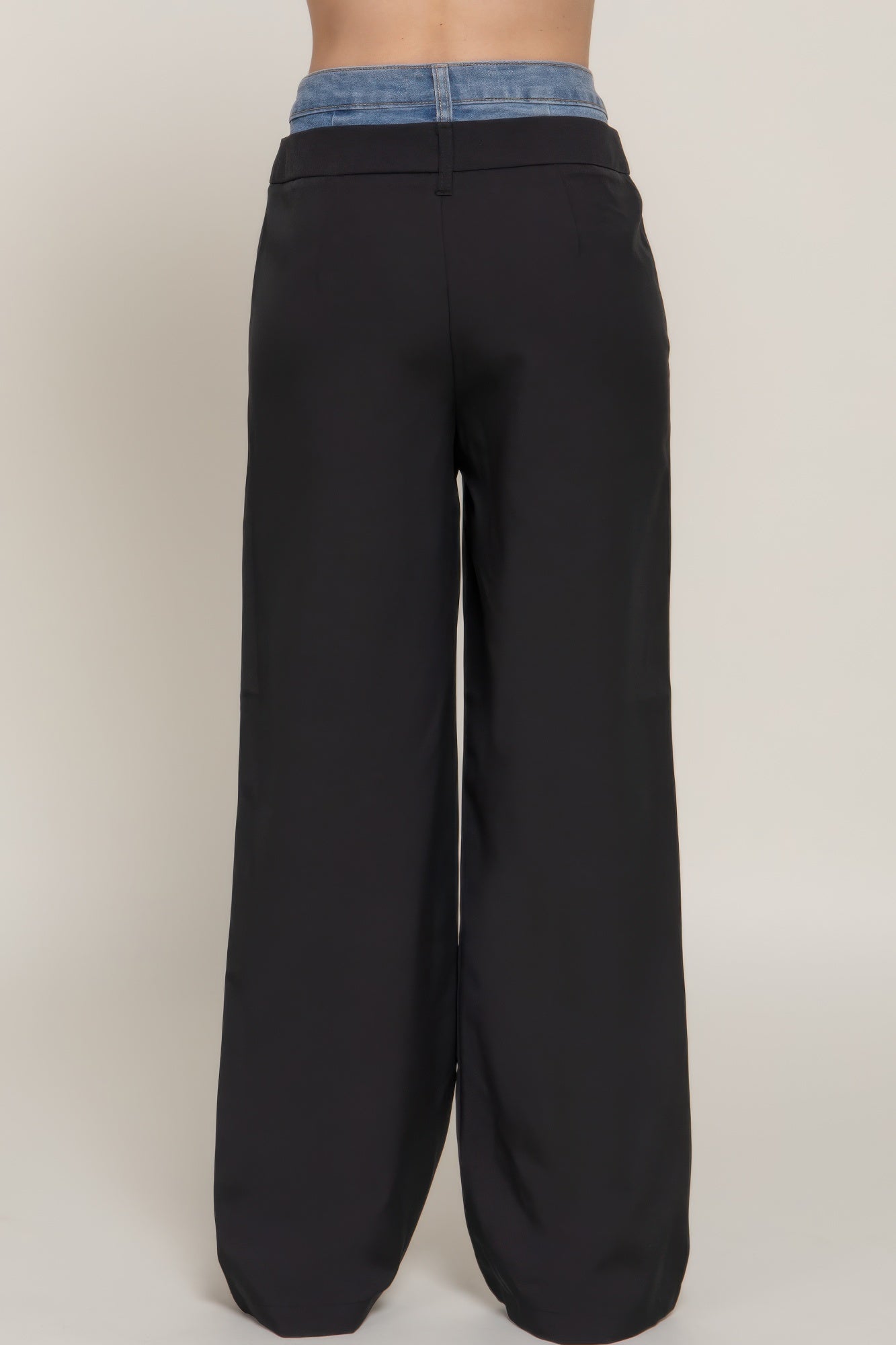 Contrast Denim Waist Straight Long Pants - Grace Beauty H&C 