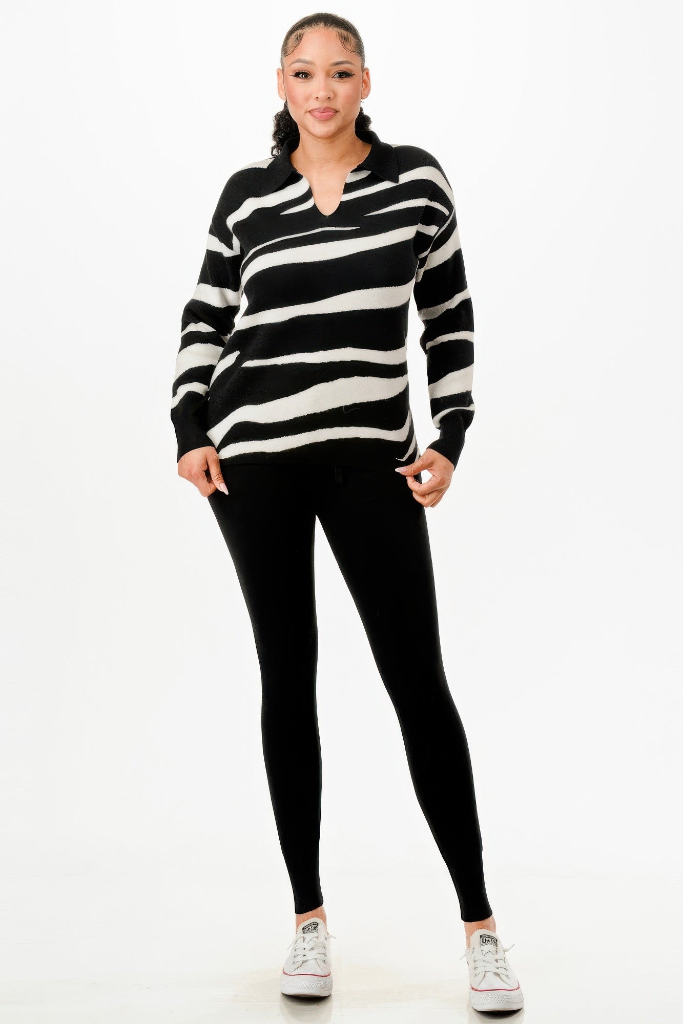 Pullover Collared V-neck Sweater Top And Pant Set - Grace Beauty H&C 