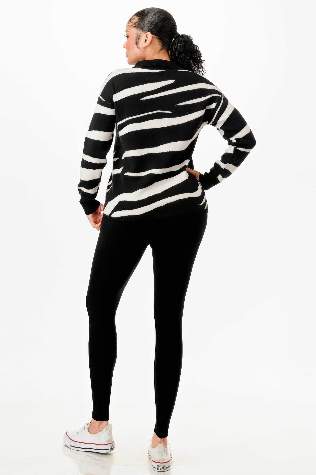 Pullover Collared V-neck Sweater Top And Pant Set - Grace Beauty H&C 