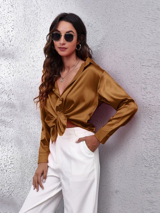Collared Neck Buttoned Long Sleeve Shirt - Grace Beauty H&C 