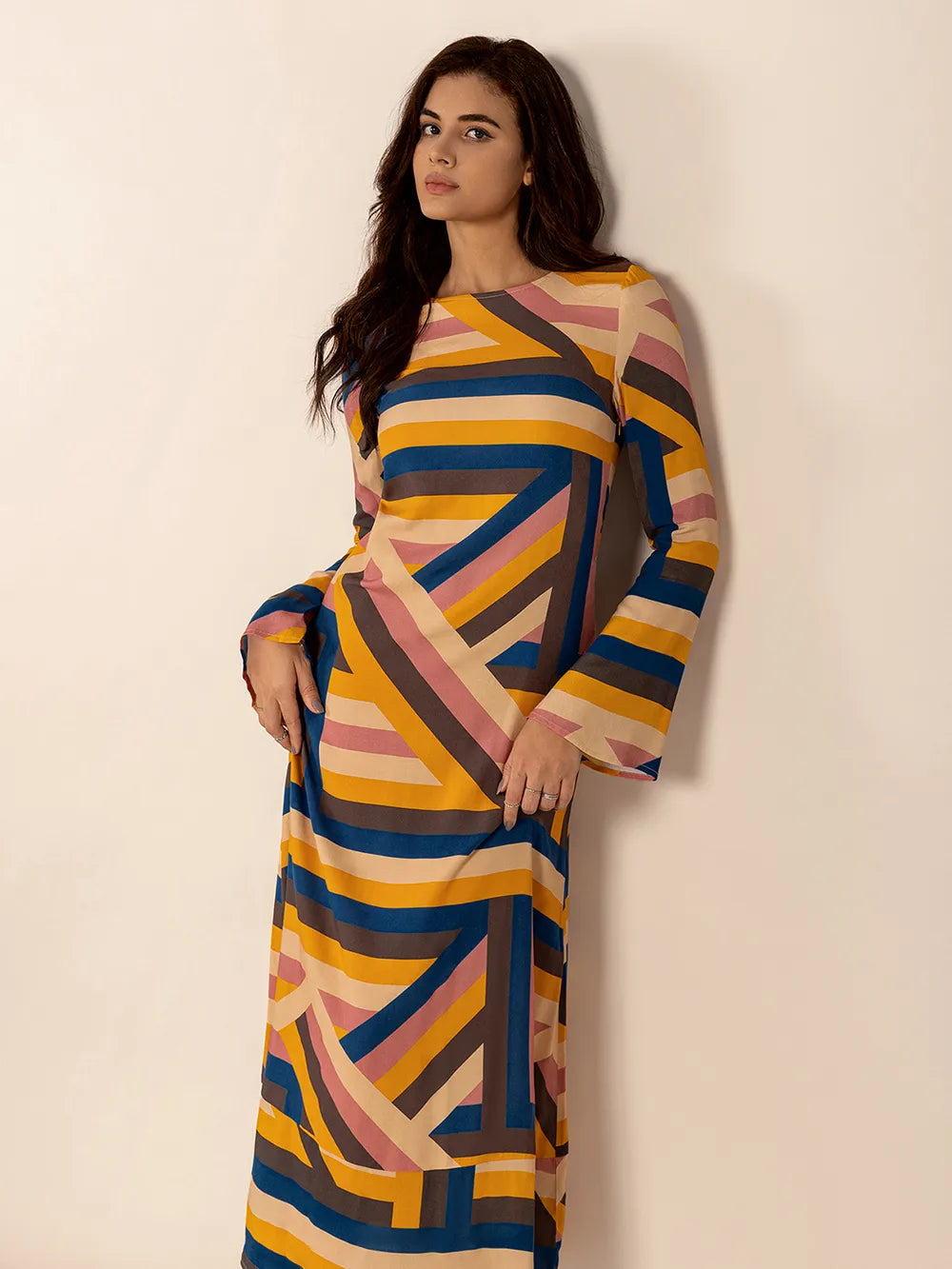 Contrast Round Neck Flare Sleeve Midi Dress - Grace Beauty H&C 