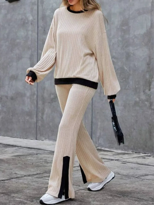 Contrast Round Neck Long Sleeve Top and Bootcut Pants Set - Grace Beauty H&C 