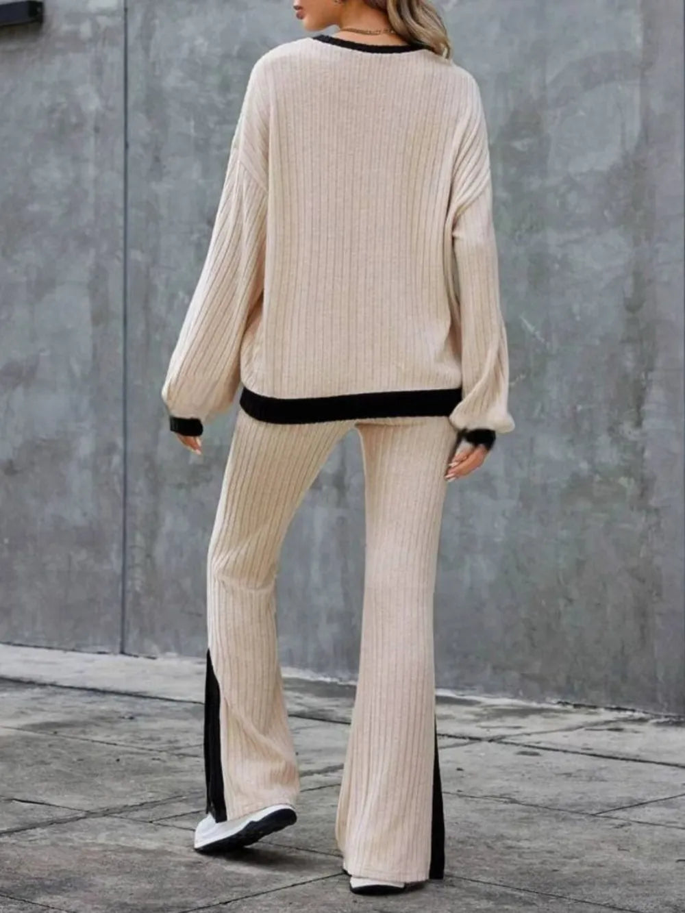Contrast Round Neck Long Sleeve Top and Bootcut Pants Set - Grace Beauty H&C 