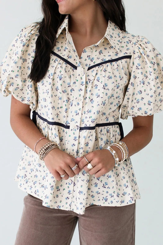 Contrast Trim Floral Puff Short Sleeve Shirt - Grace Beauty H&C 