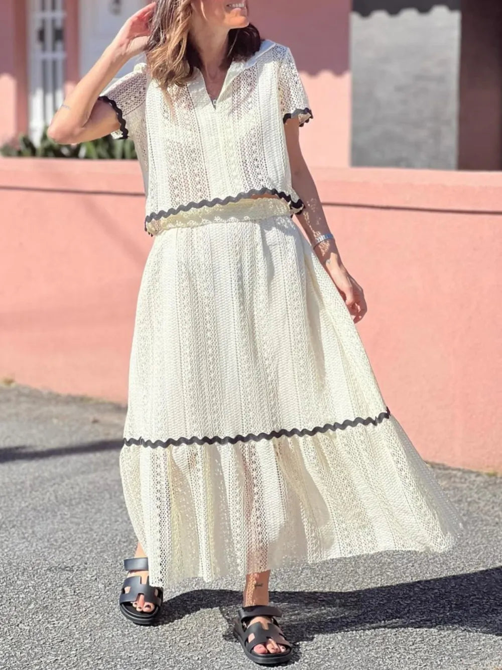 Contrast Trim Openwork Short Sleeve Top and Skirt Set - Grace Beauty H&C 