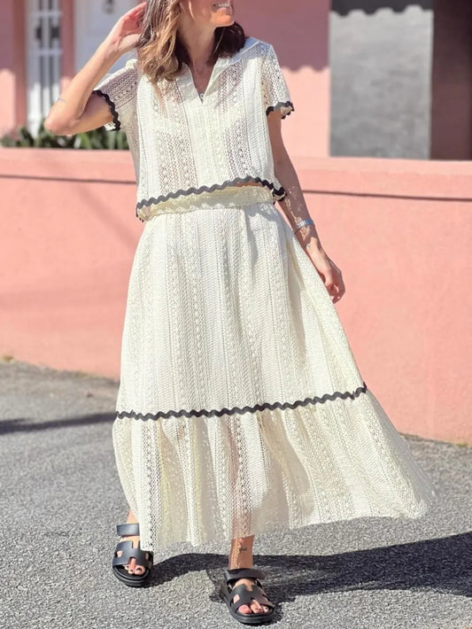 Contrast Trim Openwork Short Sleeve Top and Skirt Set - Grace Beauty H&C 